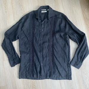 Cubavera Men's 100% Linen Shirt Size M Long Sleeve Black Button Down Resort Wear